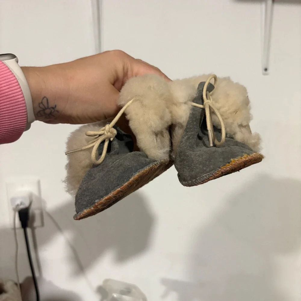 Handmade Infant Suede Sheepskin Shearling Moccasin Booties Grey Tan Toddler 5